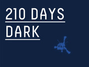 Dark blue editorial graphic reading 210 Days Dark with a skull-and-crossbones illustration, communicating a specific count of days.