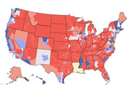 US congressional district map shaded in red and blue tones showing partisan lean by district, with a yellow-hatched area in Louisiana and white areas indicating toss-up districts.