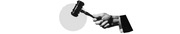 Black and white editorial illustration of a hand in a suit sleeve holding a judge's gavel against a striped circular background.