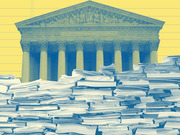 Editorial illustration showing the US Supreme Court building behind large stacks of papers and documents, rendered in blue tones on a yellow background.