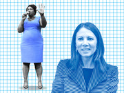 Editorial illustration of two women on a blue grid background, one speaking into a microphone and one smiling in a striped blazer.