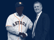 Editorial illustration showing a faceless Houston Astros player in uniform shaking hands with a suited man, with a grid pattern obscuring the player's face.