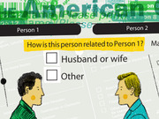 Editorial illustration showing two illustrated people facing each other over a U.S. Census form asking how Person 2 is related to Person 1, with options for Husband or wife and Other.