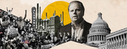 Editorial collage illustration featuring Doug Jones, campaign rally crowds with Doug Jones US Senate signs, an Alabama theater marquee, industrial buildings, and the US Capitol.