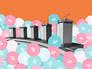 Editorial illustration showing debate podiums surrounded by colorful circles with percentage signs on an orange background.