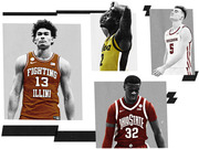 Editorial collage of four college basketball players in jerseys from Fighting Illini, Iowa, Wisconsin, and Ohio State, styled in grayscale with color accents.