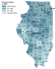 Choropleth map of Illinois counties showing Mitt Romney's share of the vote in the 2008 Republican primary, with percentages labeled in each county.