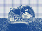 Blue-tinted editorial photo illustration of a baseball glove wrapped in chains with a padlock, holding a Rawlings 2021 World Series official ball, on grass.