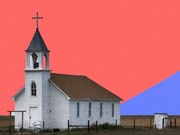 Editorial illustration of a small white rural church with a steeple and cross against a coral red and blue geometric background.
