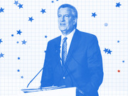 Blue-tinted editorial illustration of a man in a suit speaking at a podium, set against a grid background scattered with blue and red stars.