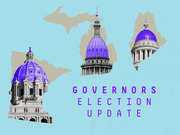 Editorial illustration showing three state capitol building domes with purple highlights overlaid on state silhouettes, titled Governors Election Update.