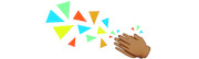 Emoji-style clapping hands with colorful confetti triangles scattered around them on a white background.