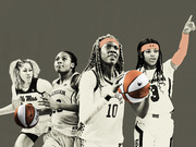 Editorial photo collage of four women's college basketball players in uniforms from Ole Miss, Michigan, Kentucky, and South Carolina against a gray background.