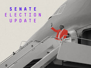 Editorial illustration showing a figure in a bright orange suit waving on airplane stairs, with the text Senate Election Update in purple lettering.