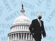 Editorial illustration showing a masked figure in a suit before the US Capitol dome on a light blue background scattered with YEA! and NAY! text.