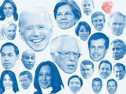 Editorial illustration showing blue-tinted portrait faces of 2020 Democratic presidential candidates sized by polling prominence, with one red-tinted face likely representing a Republican.