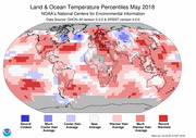 World map showing land and ocean temperature percentiles for May 2018, color-coded from record coldest (blue) to record warmest (dark red), from NOAA NCEI.
