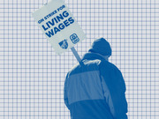 Blue-tinted editorial illustration of a person holding a strike sign reading On Strike For Living Wages with MFT and ESP union logos, set against a grid background.