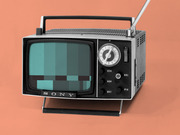 Editorial illustration of a vintage Sony portable television with a pixelated teal test pattern on screen, set against an orange-red background.