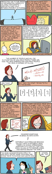 Multi-panel editorial cartoon explaining how mathematical models predict COVID-19 outcomes, covering uncertainty, data entry inconsistencies, and the formula N(dead) equals N times infection rate times fatality rate.