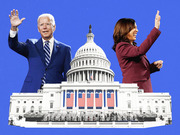 Editorial photo collage showing Joe Biden and Kamala Harris waving in front of the US Capitol building decorated with American flags on a blue background.