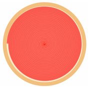 Circular spiral illustration resembling a cross-section of a grapefruit, with concentric red-pink rings on a golden border background.