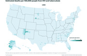 Choropleth map of the US showing estimated deaths per 100,000 people from HIV and tuberculosis by county in 1980, with darker teal indicating higher mortality.