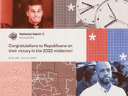 Editorial collage featuring a tweet from Nathaniel Rakich congratulating Republicans on 2022 midterms victory, posted in 2020, surrounded by political imagery and decorative elements.