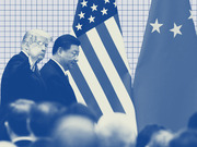 Blue-tinted editorial illustration of two political figures standing before US and Chinese flags with a grid background, depicting US-China relations.