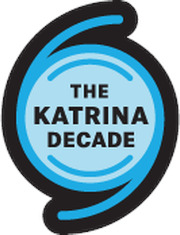 Circular logo for The Katrina Decade featuring a stylized hurricane spiral in black and blue with bold text in the center.