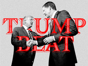 Black and white photo illustration of two men in suits shaking hands overlaid with large red decorative text reading TRUMP BEAT.
