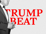 Black and white photo of a man in a tuxedo beside large red text reading TRUMP BEAT, used as editorial illustration.