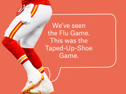 Editorial graphic showing an NFL player's legs in Kansas City Chiefs uniform with a speech bubble reading about the Taped-Up-Shoe Game.