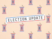 Decorative editorial illustration showing repeated debate podiums with microphones on a beige background, overlaid with an Election Update banner in red, white, and blue.
