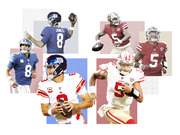 Editorial collage illustration showing NFL quarterbacks Daniel Jones of the New York Giants and Trey Lance of the San Francisco 49ers in multiple poses.