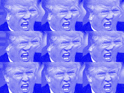 Repeating grid of a blue-tinted halftone illustration showing a shouting man's face, used as editorial art.