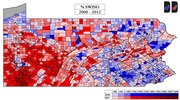 Choropleth map of Pennsylvania showing percent swing by precinct from 2000 to 2012, with blue indicating Democratic swing and red indicating Republican swing.