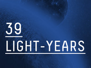 Editorial infographic showing the number 39 light-years over a dark blue space illustration with planets.