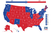 US Electoral College map showing Clinton with 288 electoral votes versus Trump with 250, with states colored blue for Clinton and red for Trump and electoral vote counts labeled.