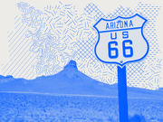 Blue-tinted editorial illustration combining a photo of an Arizona Route 66 highway sign with decorative map-pattern overlays and desert landscape.