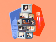 Editorial collage illustration showing stacked vintage TV sets displaying impeachment hearing witnesses alongside a red-tinted Trump figure and the US Capitol building.