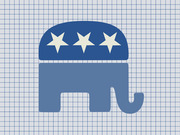 Republican Party elephant symbol with three white stars on a blue dome, rendered in blue tones on a grid background.
