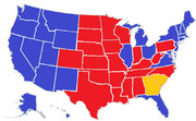 US electoral map showing states colored red, blue, or yellow indicating political party affiliations or election results.