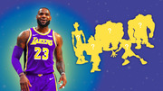 Editorial illustration of LeBron James in a Lakers jersey next to yellow silhouettes with question marks, suggesting mystery Space Jam co-stars.