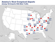 Map of the US showing America's most overpriced airports among the 100 busiest, with airport codes and dollar amounts indicating how much above average fares are.
