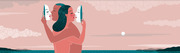 Editorial illustration of two figures holding white face masks toward each other against a pink sunset sky over water.