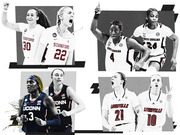 Black and white editorial collage of women's college basketball players from Stanford, South Carolina, UConn, and Louisville.