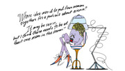 Editorial cartoon of a stylized purple figure sitting under a hair dryer with a quote about sexism and a podcast with four women.
