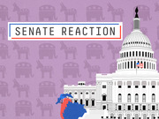 Editorial illustration for a FiveThirtyEight Senate Reaction feature showing the US Capitol building, White House, a state map in red and blue, and Democratic and Republican party symbols on a purple background.