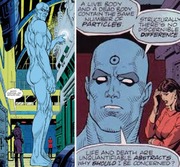 Comic book panels featuring a large blue humanoid figure (Dr. Manhattan from Watchmen) with speech bubbles about particles and life and death.